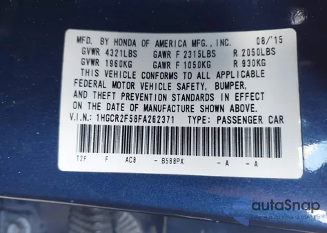 2015 Honda Accord Sport z USA, uszkodzony, nr VIN 1HGCR2F58FA262371